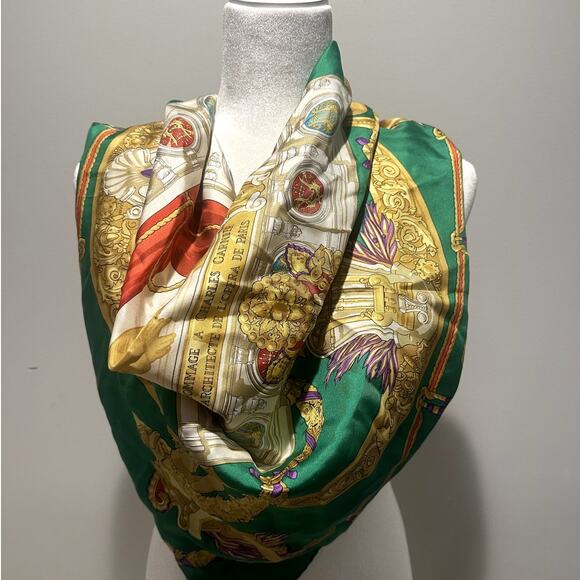 HERMES Scarf Silk Hommage A Charles Garnier Green -Preowned, no box, no care tag - Picture 2 of 12